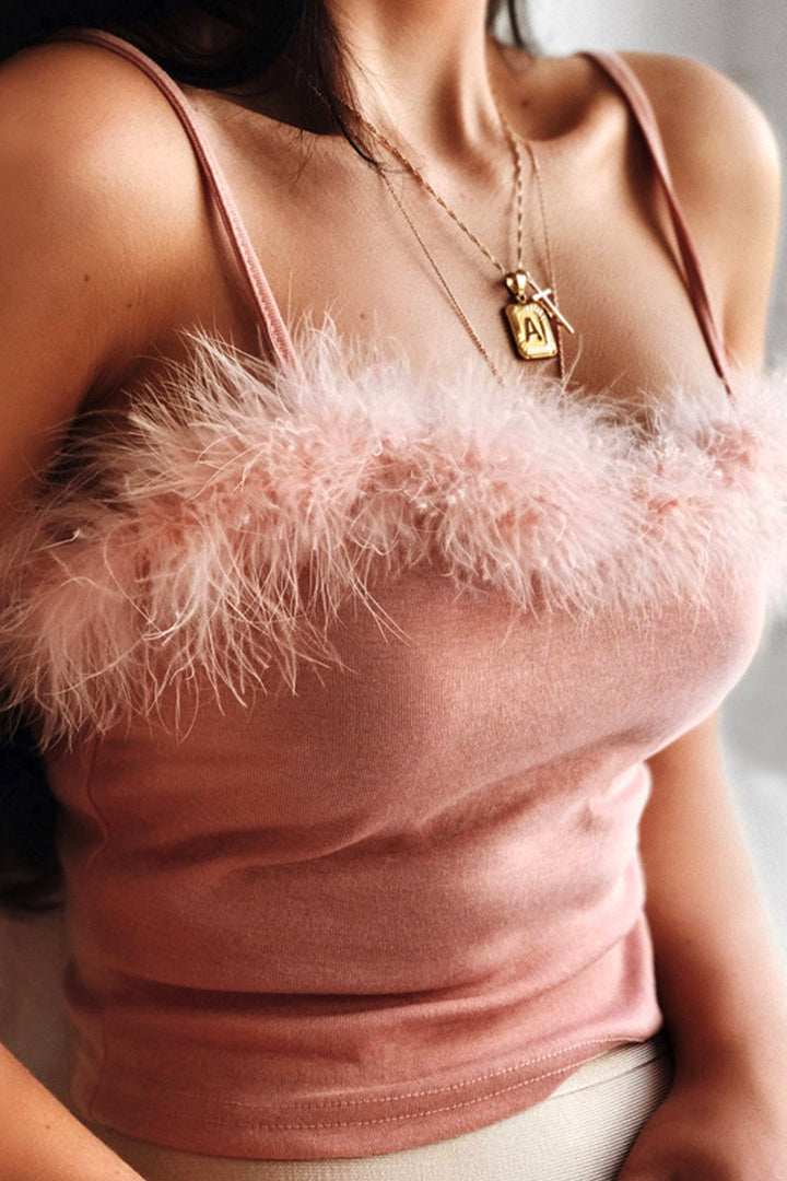 Bubblegum Pink Faux Feather Trim Cami Crop Top