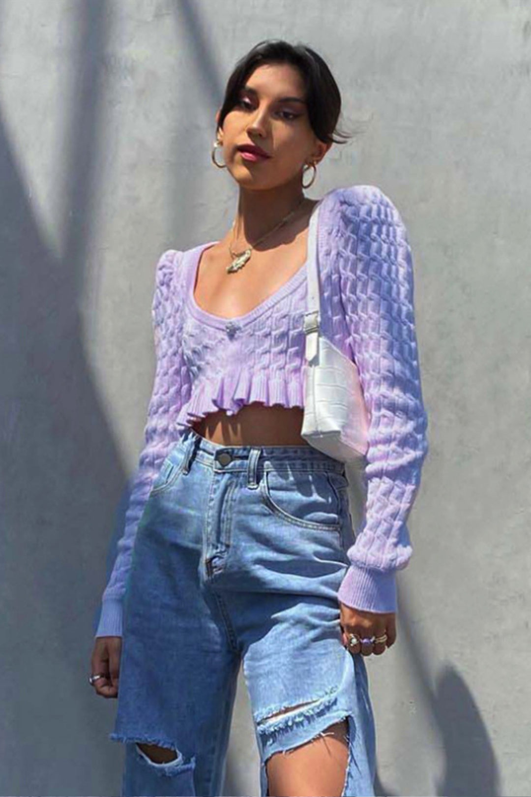 Lilac Purple Y2K Crochet Knit Cardigan Crop Top, Long Sleeve Crop Top, Diamond Rhinestone Button