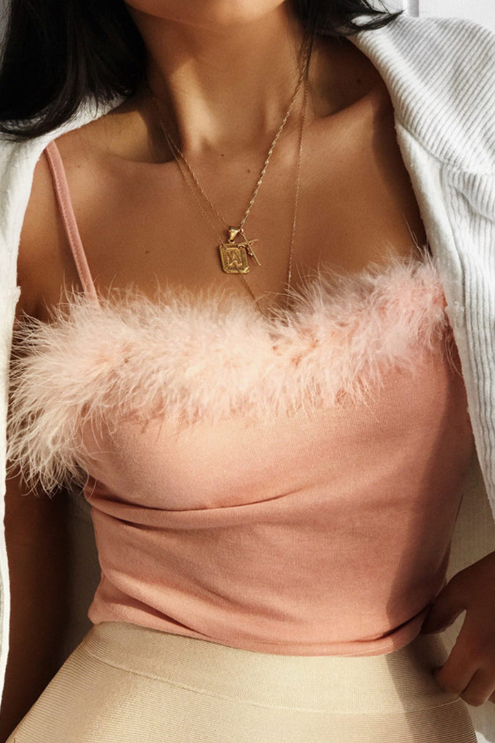 Bubblegum Pink Faux Feather Trim Cami Crop Top