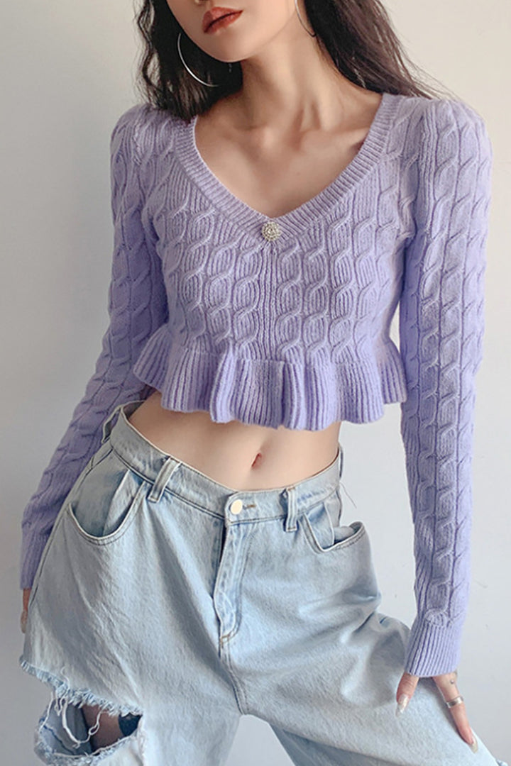 Lilac Purple Y2K Crochet Knit Cardigan Crop Top, Long Sleeve Crop Top, Diamond Rhinestone Button