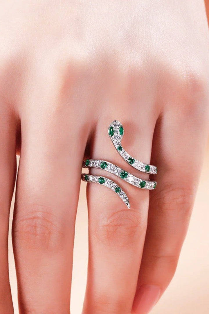 Green Crystal Rhinestone Embellished Snake Serpent Silver Ring