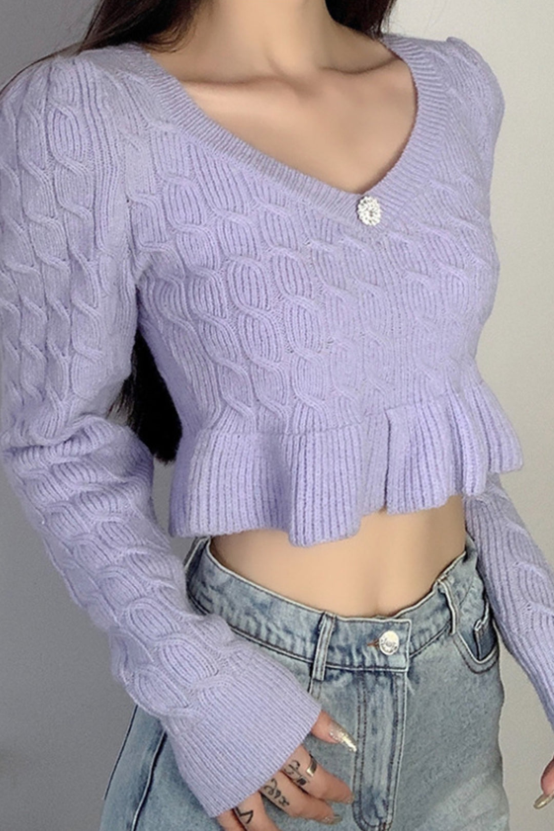 Lilac Purple Y2K Crochet Knit Cardigan Crop Top, Long Sleeve Crop Top, Diamond Rhinestone Button