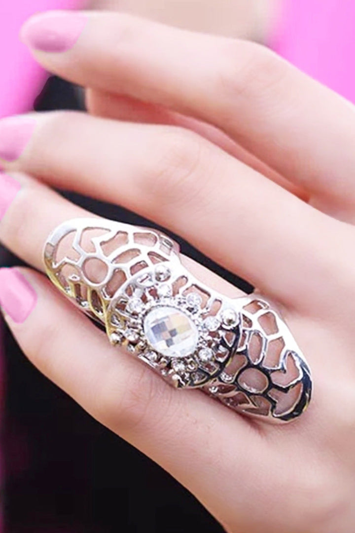 Chunky Silver Intricate Metallic Detailing Crystal Rhinestone Charm Ring