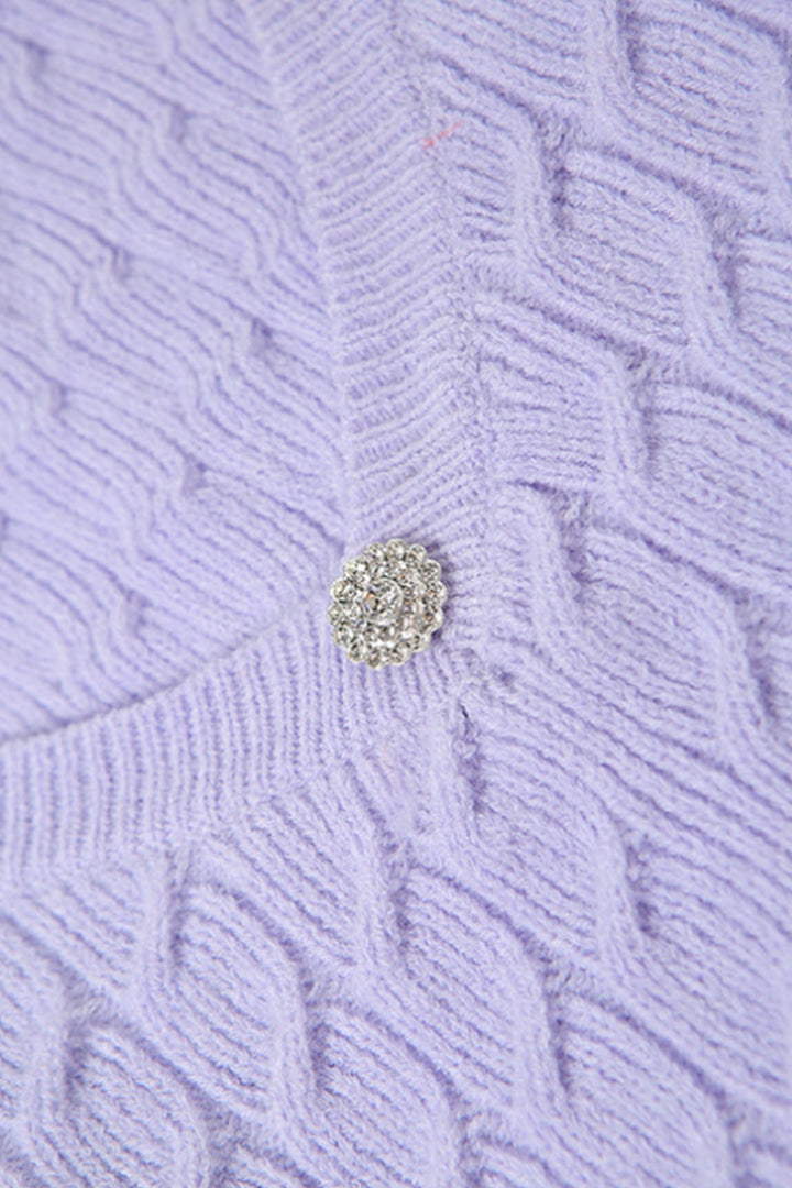 Lilac Purple Y2K Crochet Knit Cardigan Crop Top, Long Sleeve Crop Top, Diamond Rhinestone Button