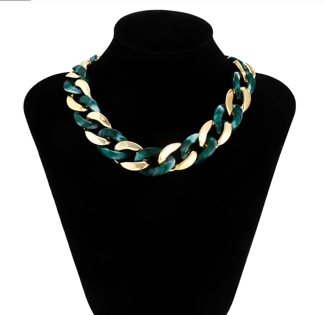 White & Green Large Chunky Acrylic Chain Gold Necklace