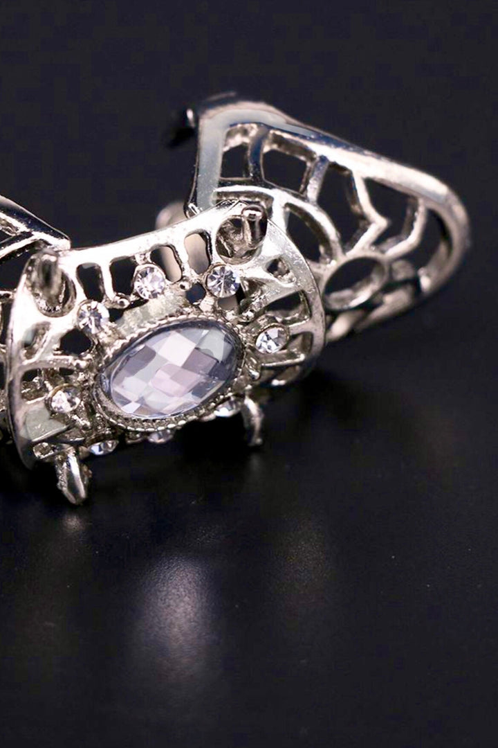 Chunky Silver Intricate Metallic Detailing Crystal Rhinestone Charm Ring