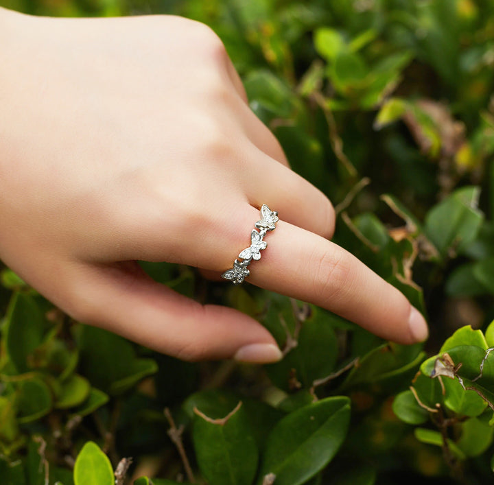 Cubic Zirconia Encrusted Silver Butterfly Decor Ring