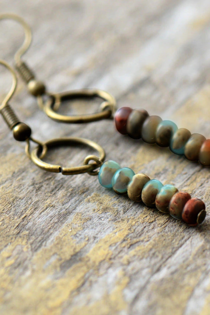 Jasper Stone Healing Crystal Gemstone Bronze Dangle Drop Charm Earrings