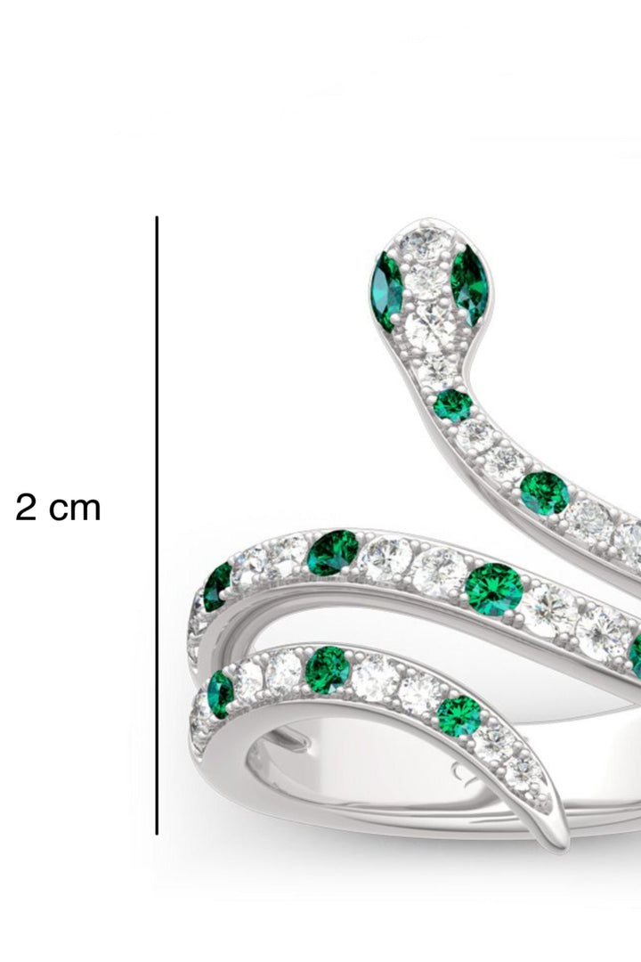 Green Crystal Rhinestone Embellished Snake Serpent Silver Ring