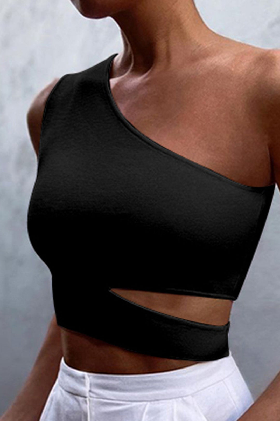 Asymmetrical Cut Out Rib Knit Jersey Crop Top, One Shoulder Crop Top, Available in White & Black