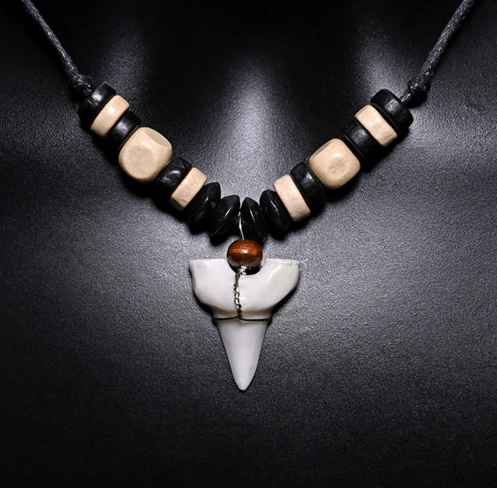 Vegan Leather Faux Tooth Pendant & Beaded Metal Decor Rope Chain Necklace (48 Hour Dispatch)