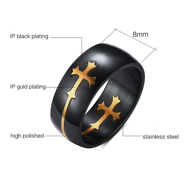 Gold Cross Detailing Black Polished Chunky Ring, Unisex Ring, One Size