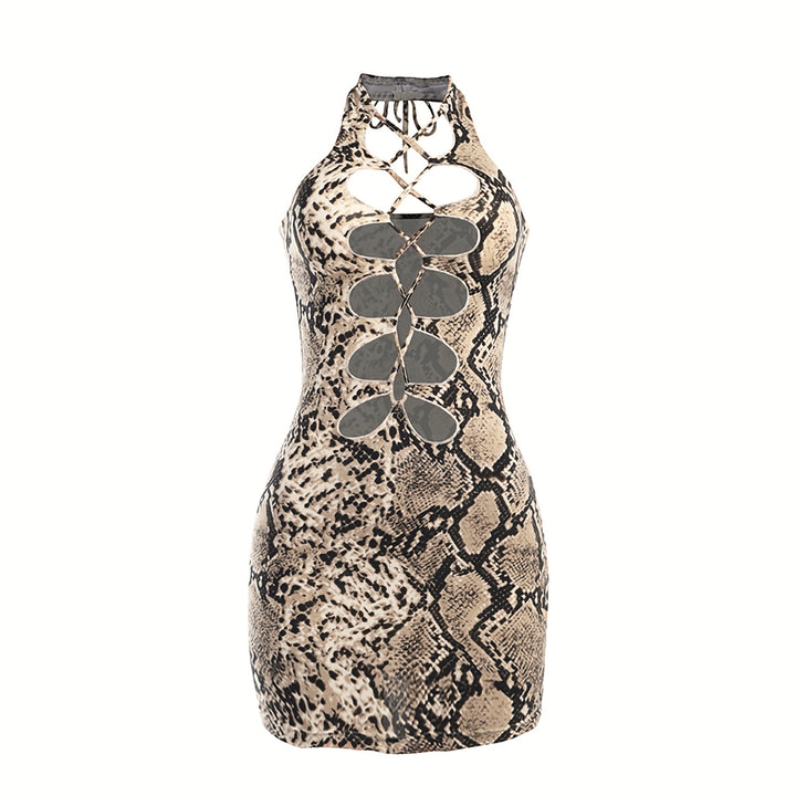 Snake Print Cut Out Front Bodycon Mini Dress, Lace Up Front Halter Neck Dress