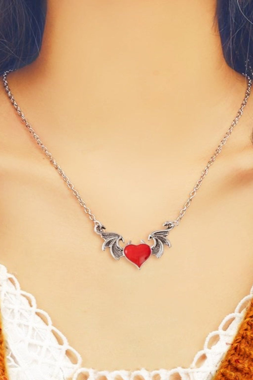 Red Enamel Winged Heart Pendant Silver Charm Necklace