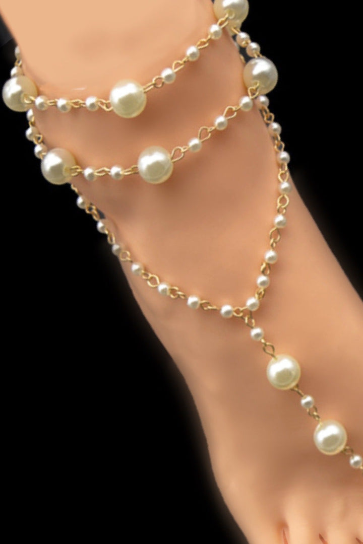 Dainty Y2K Faux Pearl Beading & Gold Metal Chain Anklet