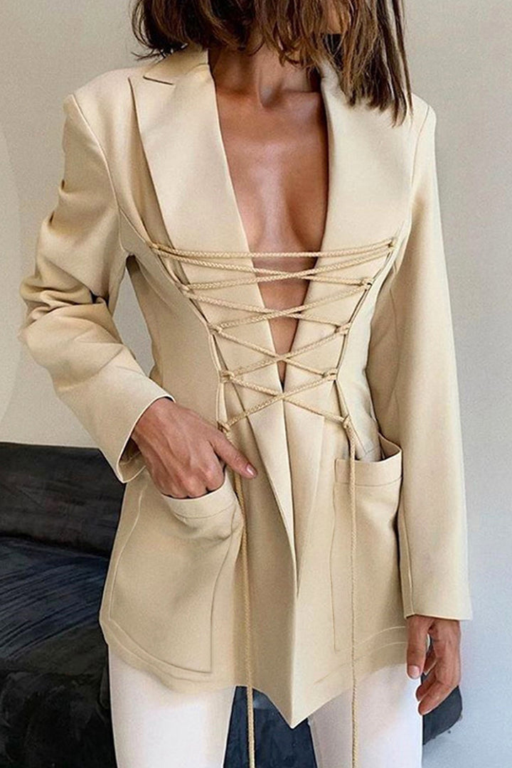 Lace Up Front Padded Long Blazer Jacket Coat, Available in 4 Colors