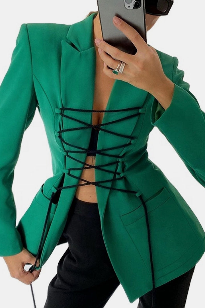 Lace Up Front Padded Long Blazer Jacket Coat, Available in 4 Colors