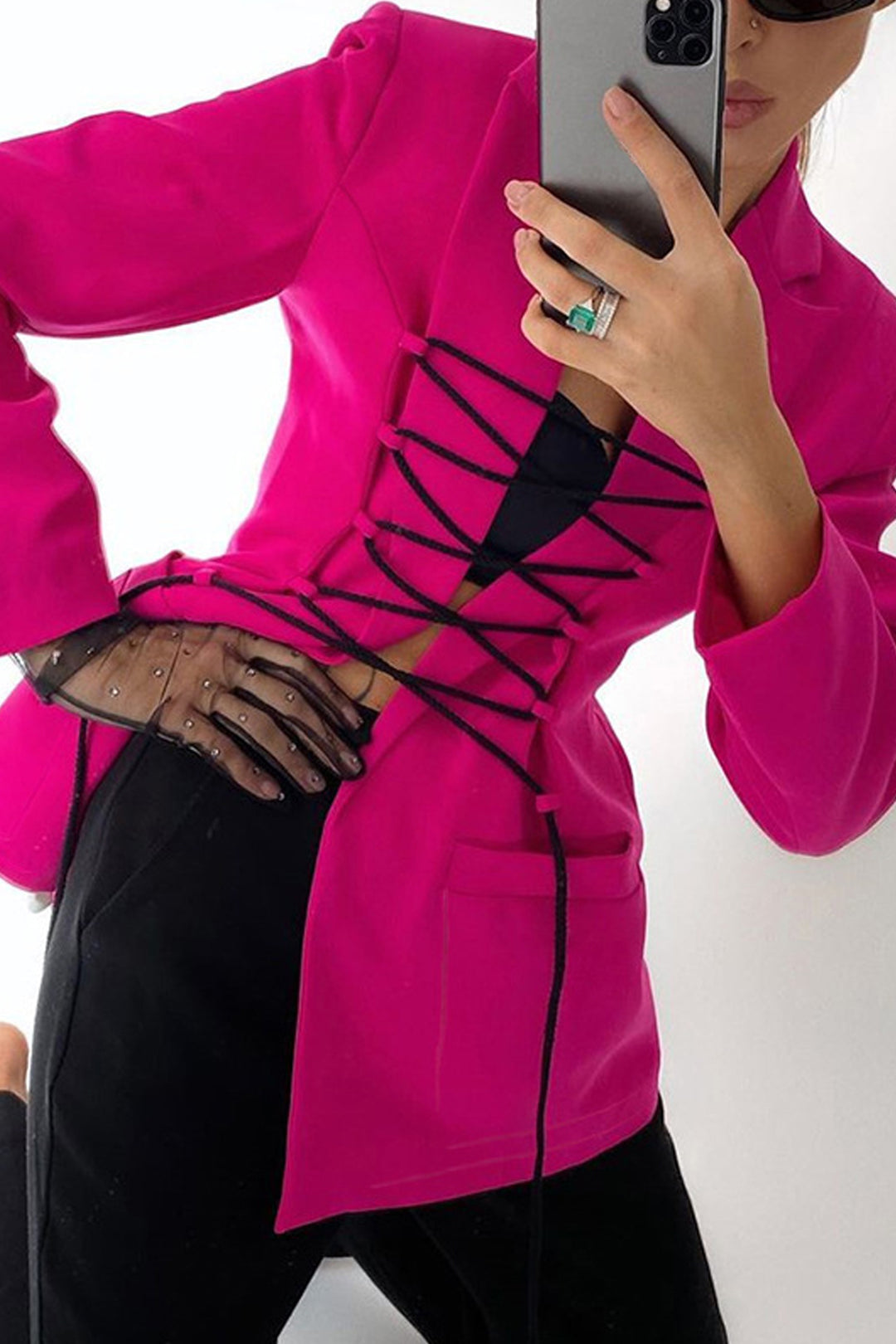 Lace Up Front Padded Long Blazer Jacket Coat, Available in 4 Colors