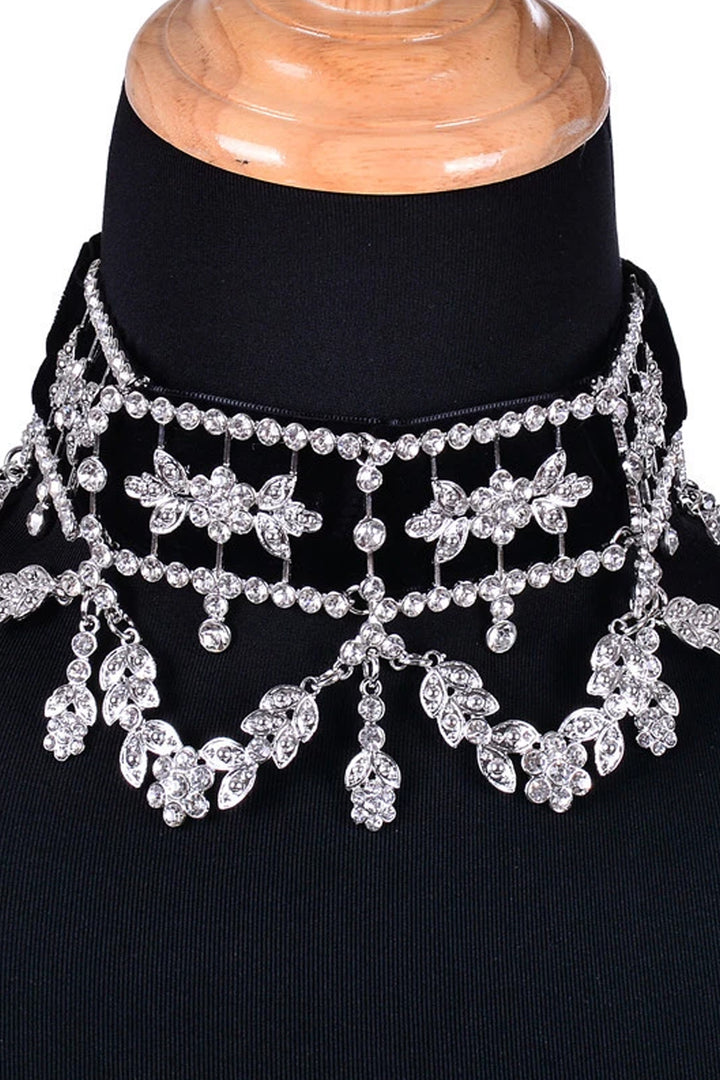 Chunky Silver Rhinestone Crystal Drop Charm & Pendant Decor Black Choker Necklace