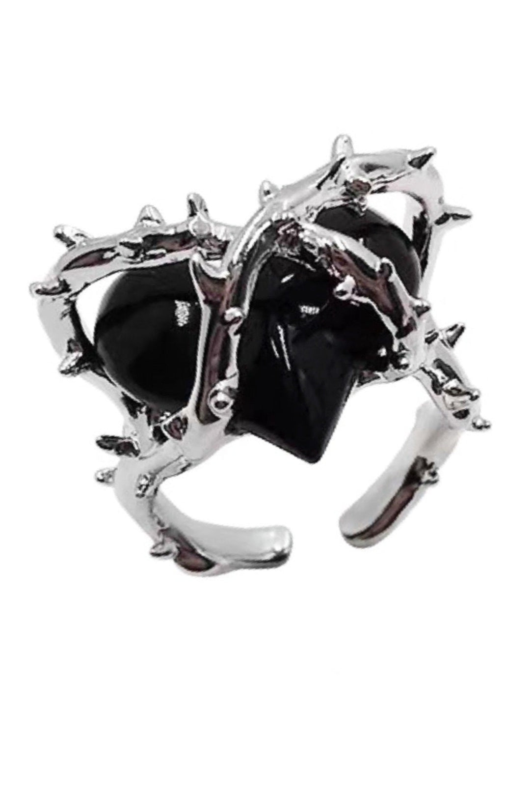 Black Rhinestone Crystal Heart Thorn Decor Silver Ring, Silver Chunky Ring