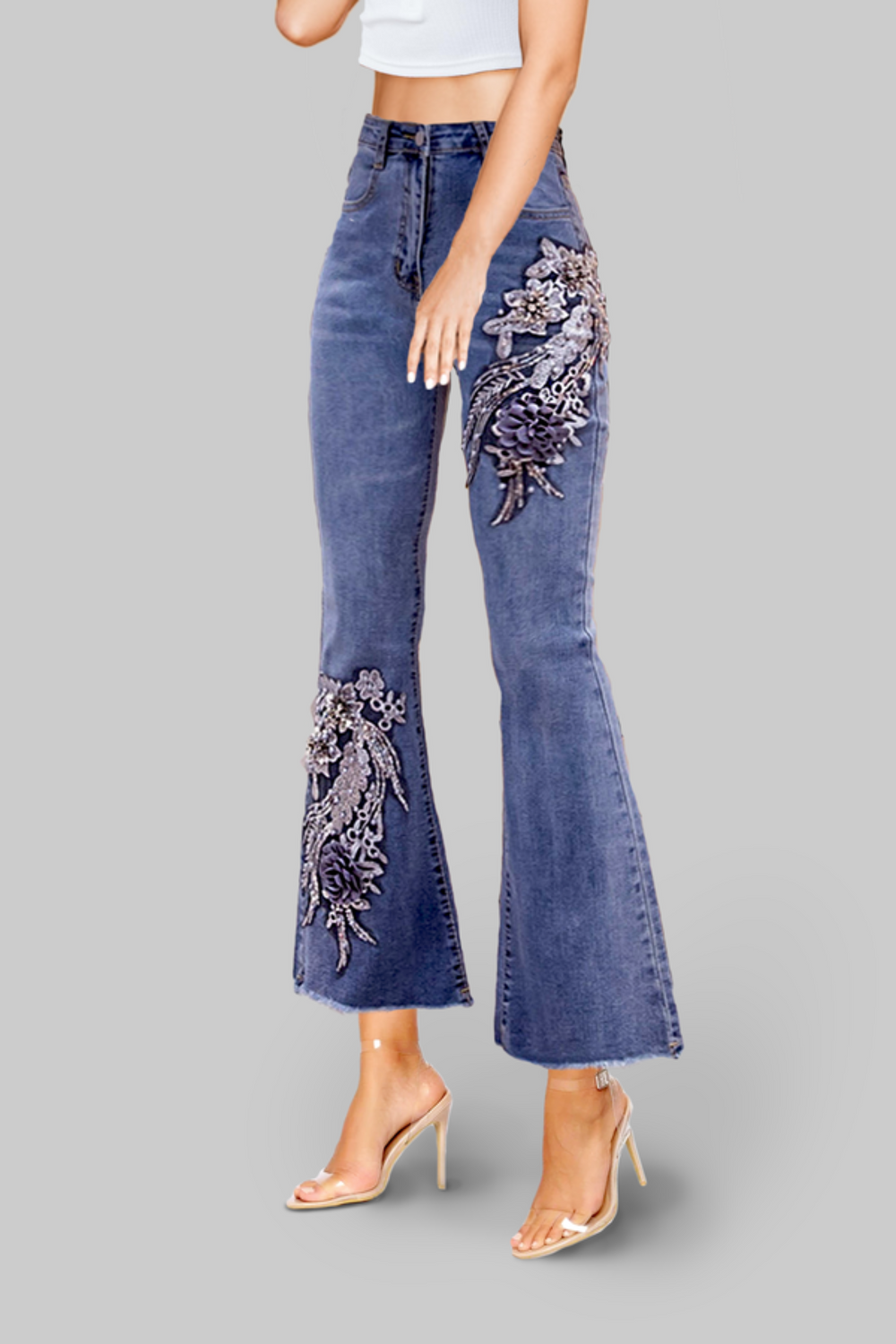 Magnolia Metal Medium Blue Wash Flared Jeans - Hayati London