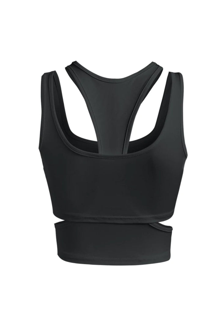 Criss Cross Cut Out Two Piece Layered Black Underboob Racer Crop Top - Hayati London