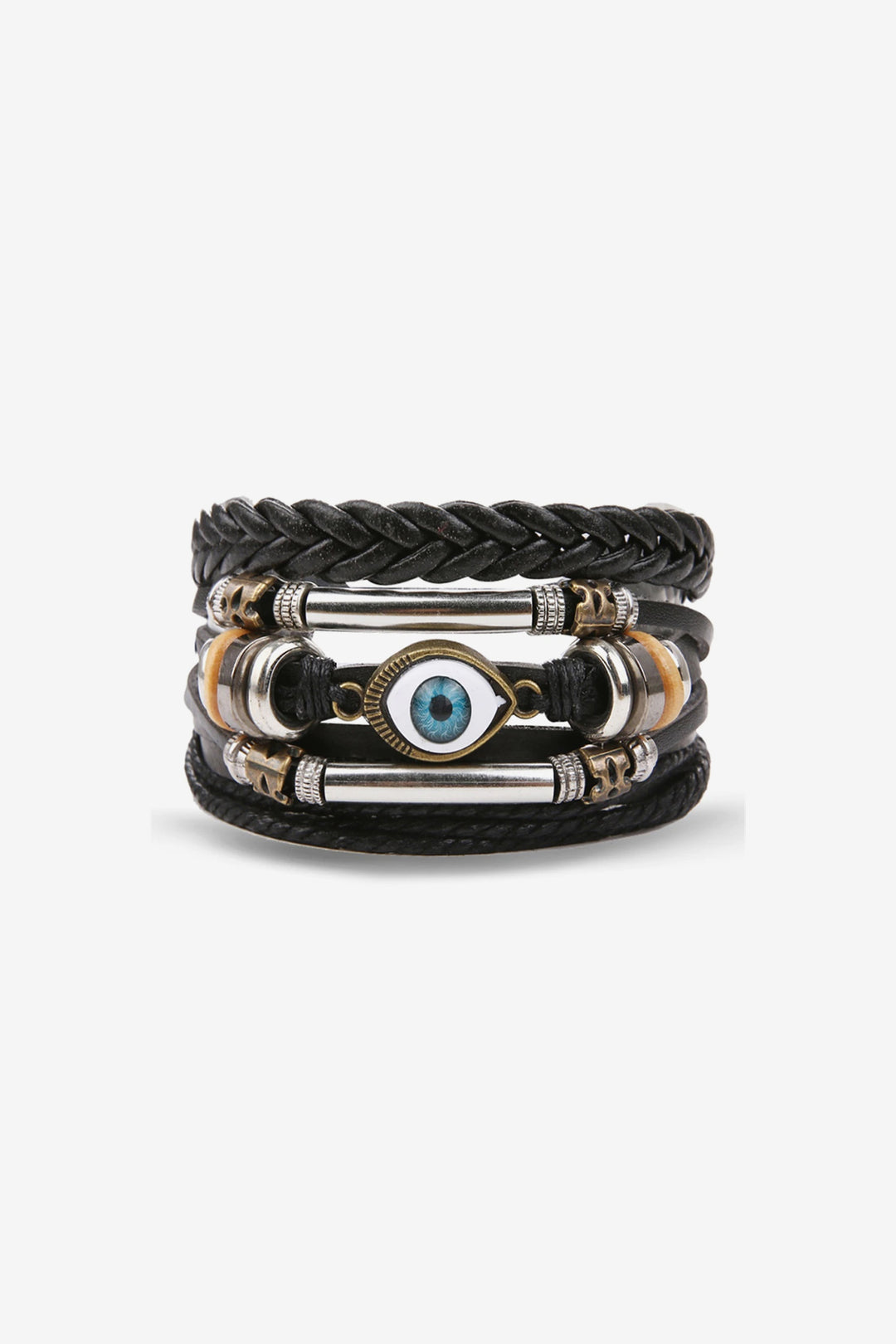 Evil Eye Pendant Triple Layered Brown Faux Leather Plaited Bracelet, Woven Faux Leather Men's Bracelet