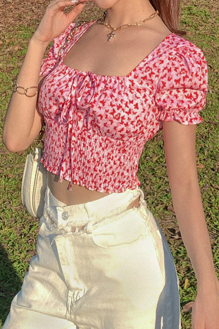 Pink Floral Print Ruched Crop Top, Square Neck Lacy Crop Top, Milkmaid Crop Top