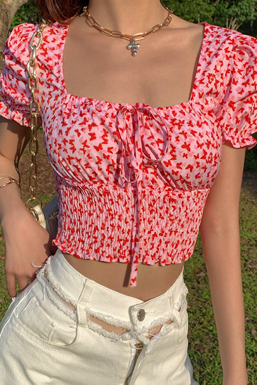 Pink Floral Print Ruched Crop Top, Square Neck Lacy Crop Top, Milkmaid Crop Top