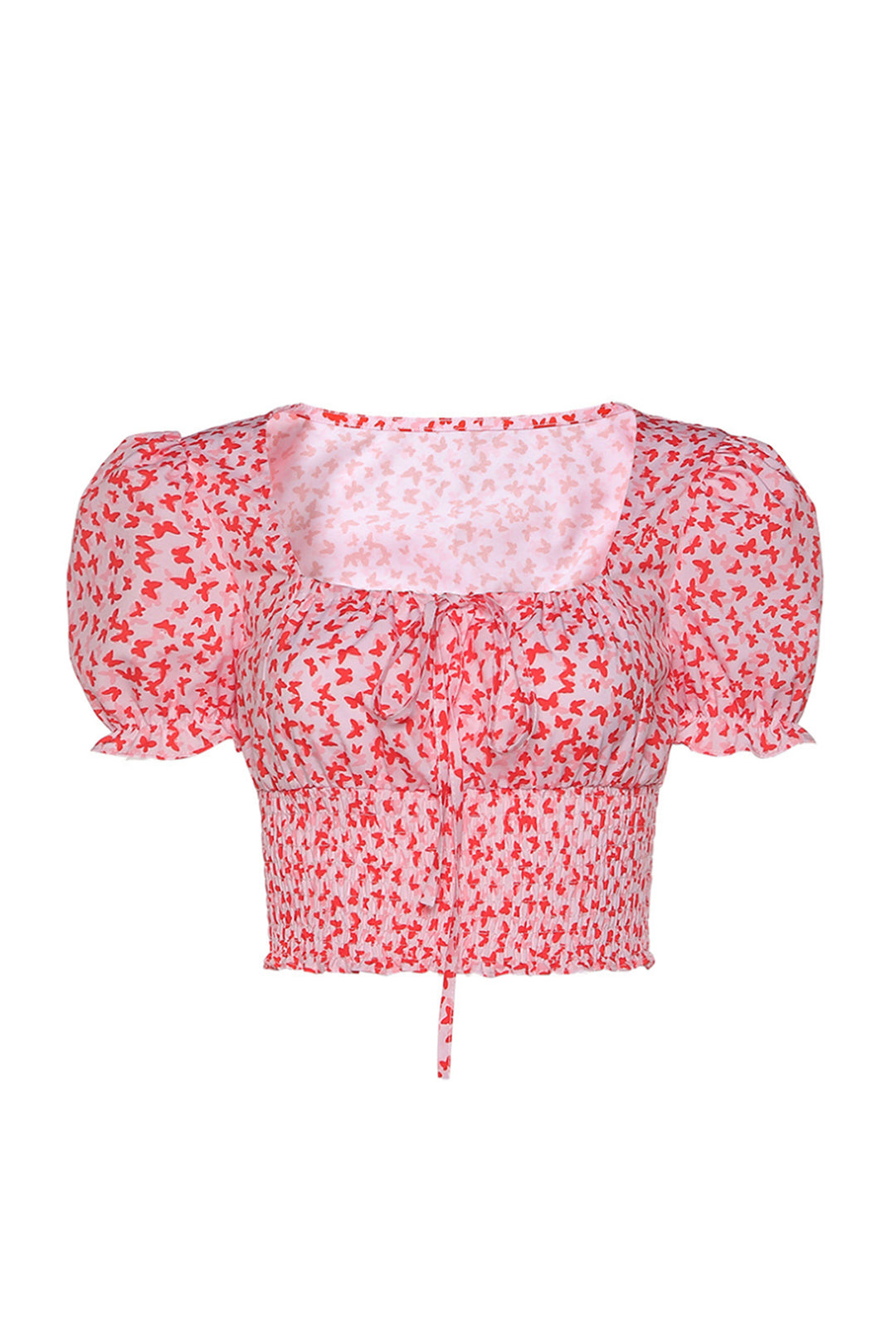 Pink Floral Print Ruched Crop Top, Square Neck Lacy Crop Top, Milkmaid Crop Top