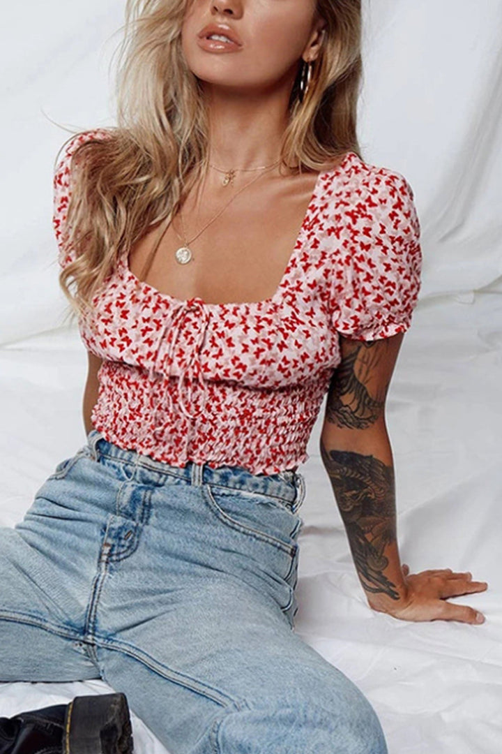 Pink Floral Print Ruched Crop Top, Square Neck Lacy Crop Top, Milkmaid Crop Top