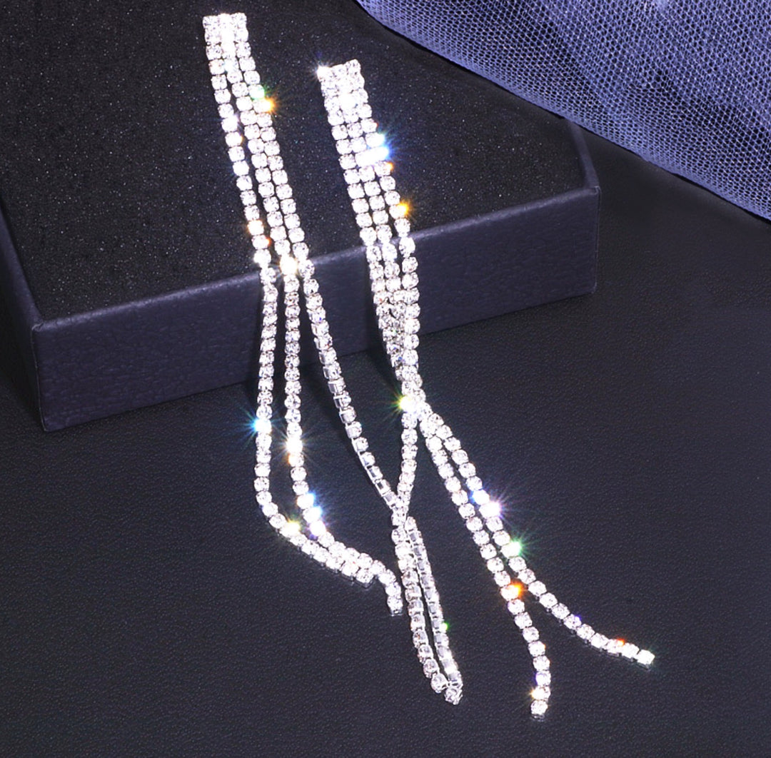 Silver Long Tassel Crystal Rhinestone Embellished Dangle Drop Earrings