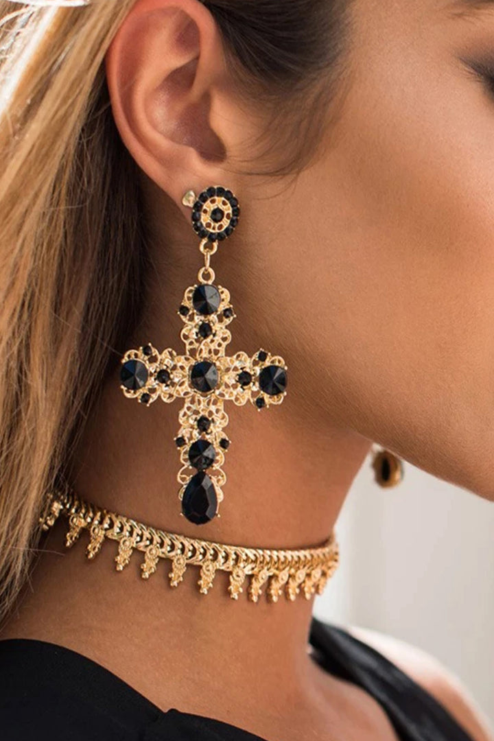 Gothic Black Rhinestone Embellished Crucifix Cross Drop Earrings, Available in Gold & Silver  (48 Hour Dispatch)