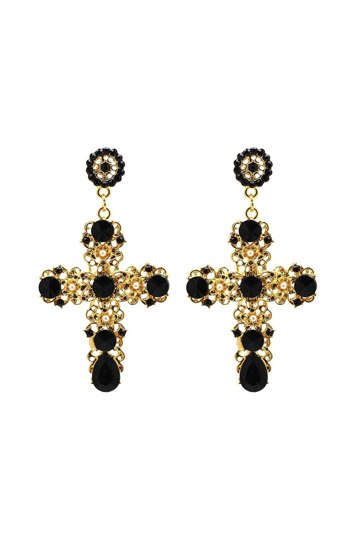 Gothic Black Rhinestone Embellished Crucifix Cross Drop Earrings, Available in Gold & Silver  (48 Hour Dispatch)