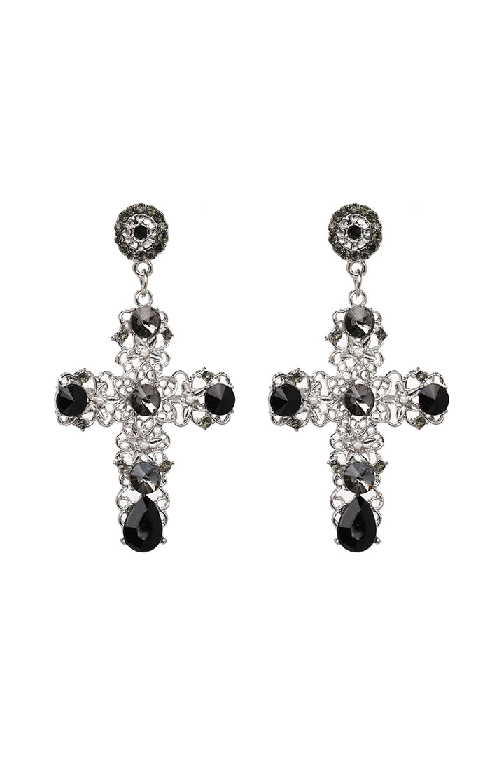 Gothic Black Rhinestone Embellished Crucifix Cross Drop Earrings, Available in Gold & Silver  (48 Hour Dispatch)