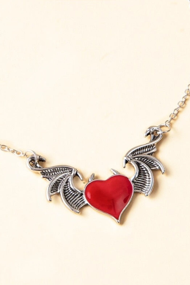 Red Enamel Winged Heart Pendant Silver Charm Necklace