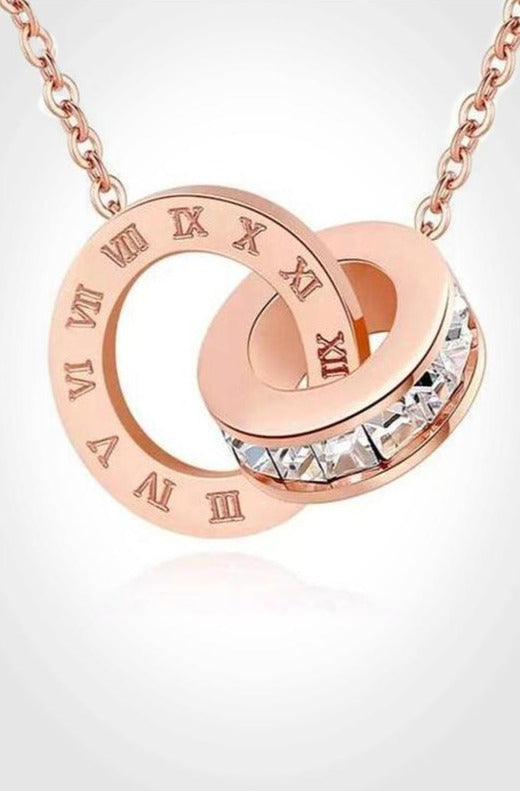 Stunning Necklace with Roman Numeral & Rhinestone Crystal detail pendant, rose gold finish - Hayati London