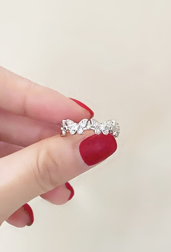 Cubic Zirconia Encrusted Silver Butterfly Decor Ring