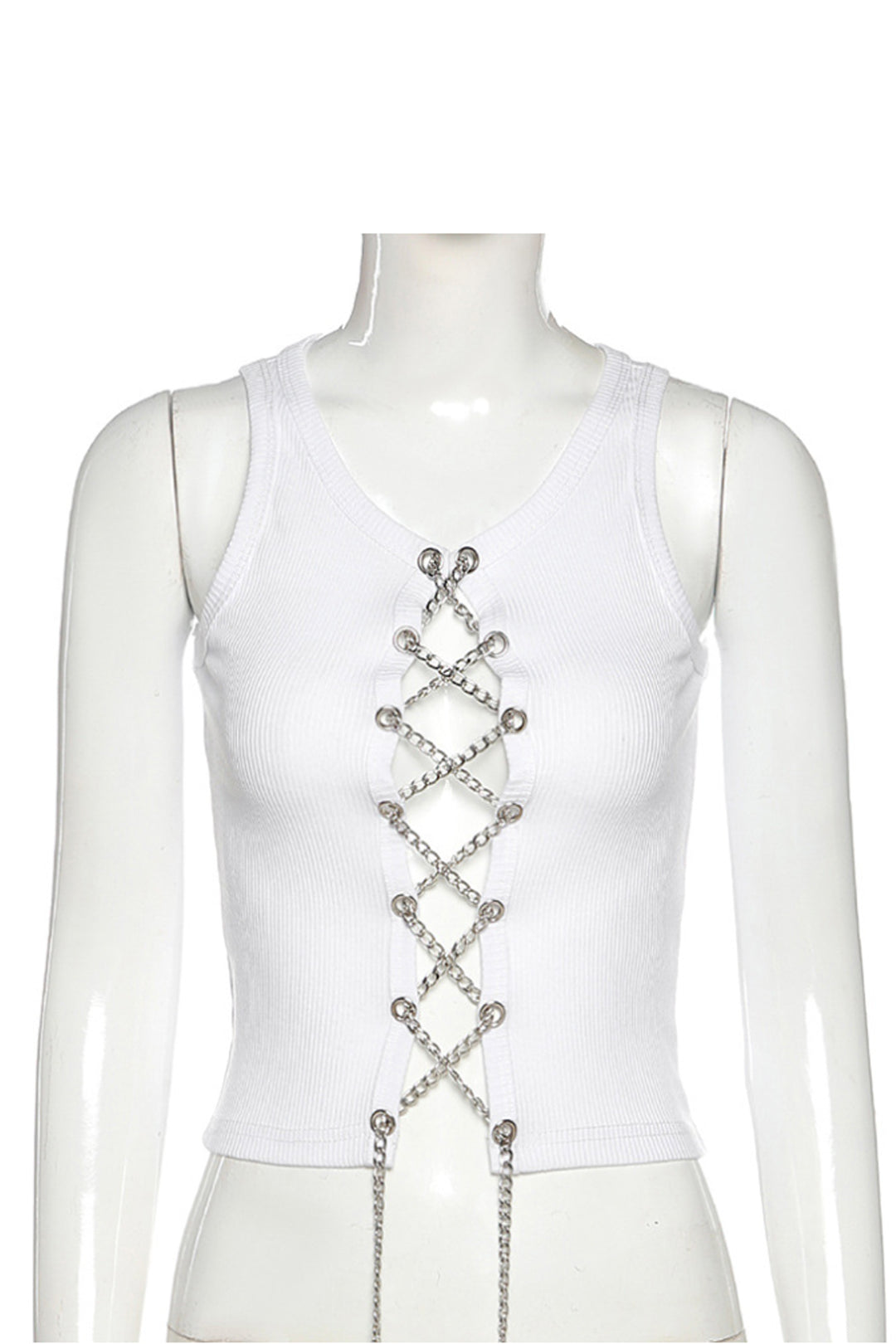 White Chain Lace Up Sleeveless Crop Top, Ribbed Jersey Material Crop Top, Edgy Streetwear Y2K Top