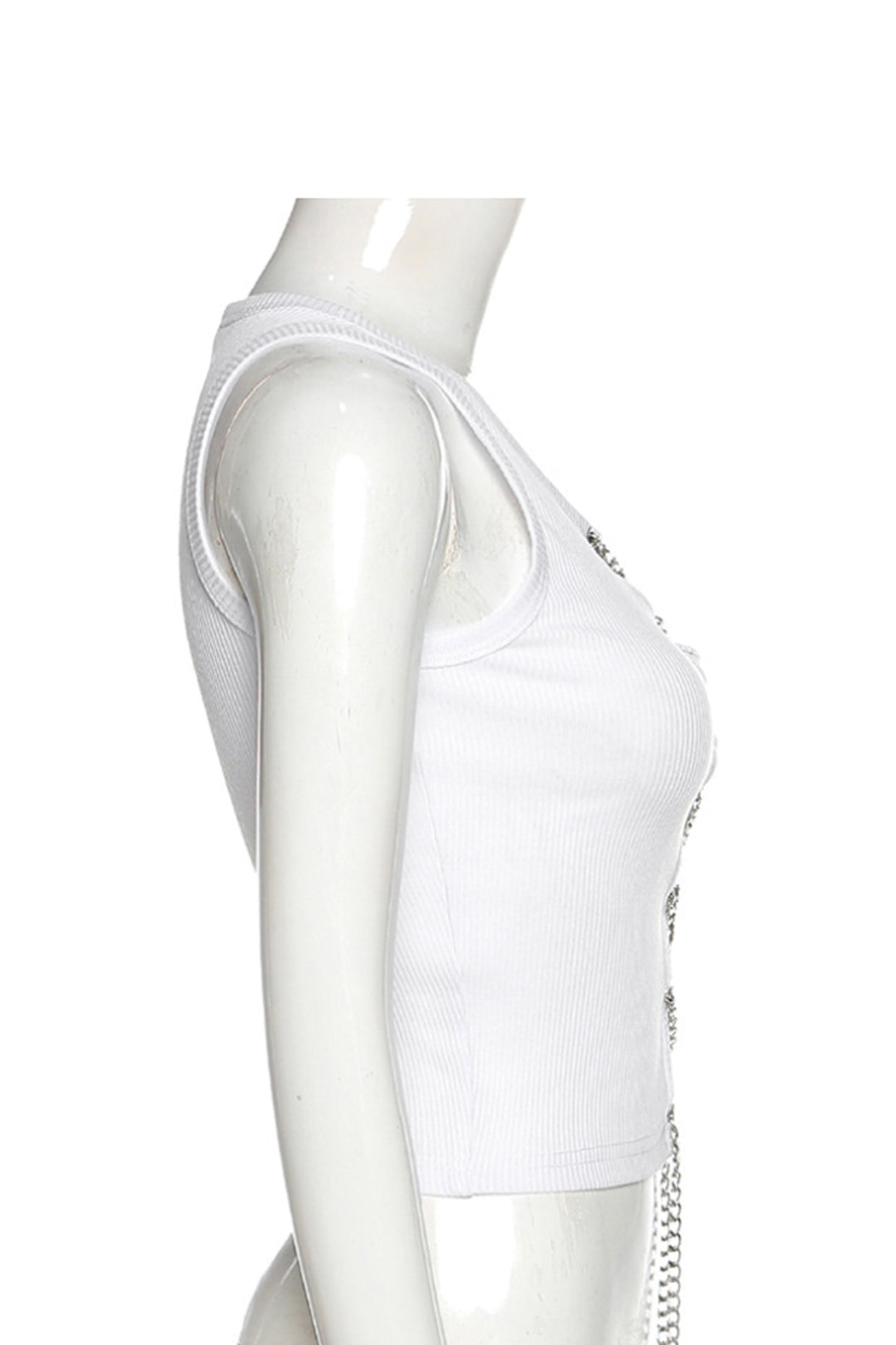 White Chain Lace Up Sleeveless Crop Top, Ribbed Jersey Material Crop Top, Edgy Streetwear Y2K Top