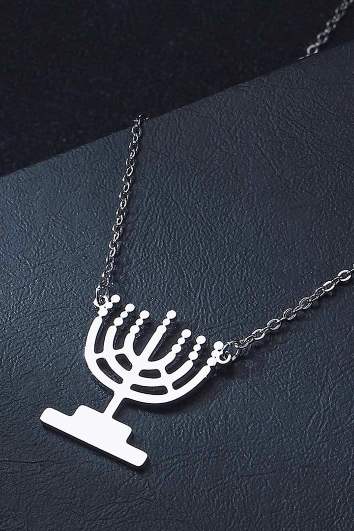 Hanukkah Candle Menorah Lamp Stand Pendant Necklace, Religious Jewish Pendant Necklace