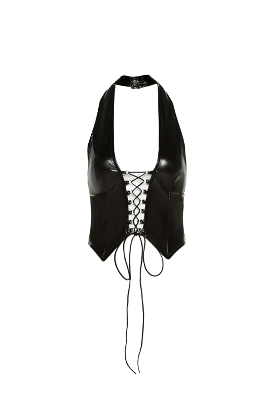 Vegan Leather Lace Up Waist Coat Crop Top, Halter Neck Top, Available in Black & Red