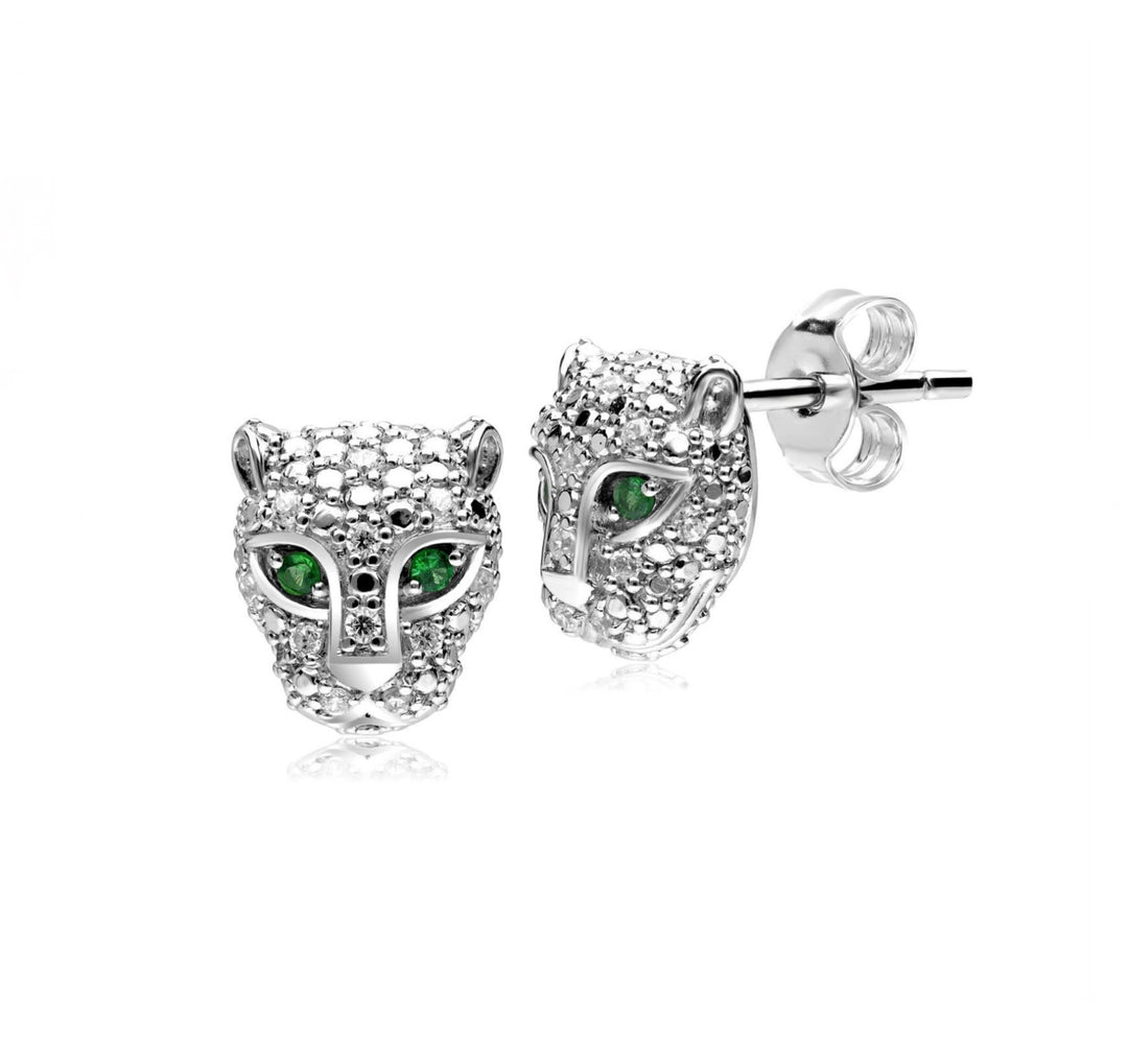 Leopard Head Crystal Rhinestone Embellished Silver Stud Earrings