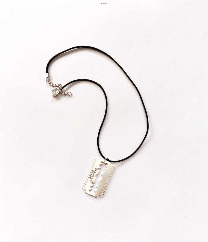 Stainless Steel Razor Blade Pendant with Black Rope, Mens Necklace