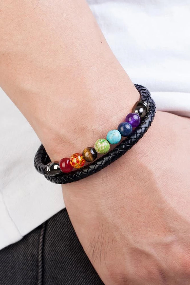 Chakra Stone Clasp Black Faux Leather Plaited Bracelet, Woven Faux Leather Men's Bracelet