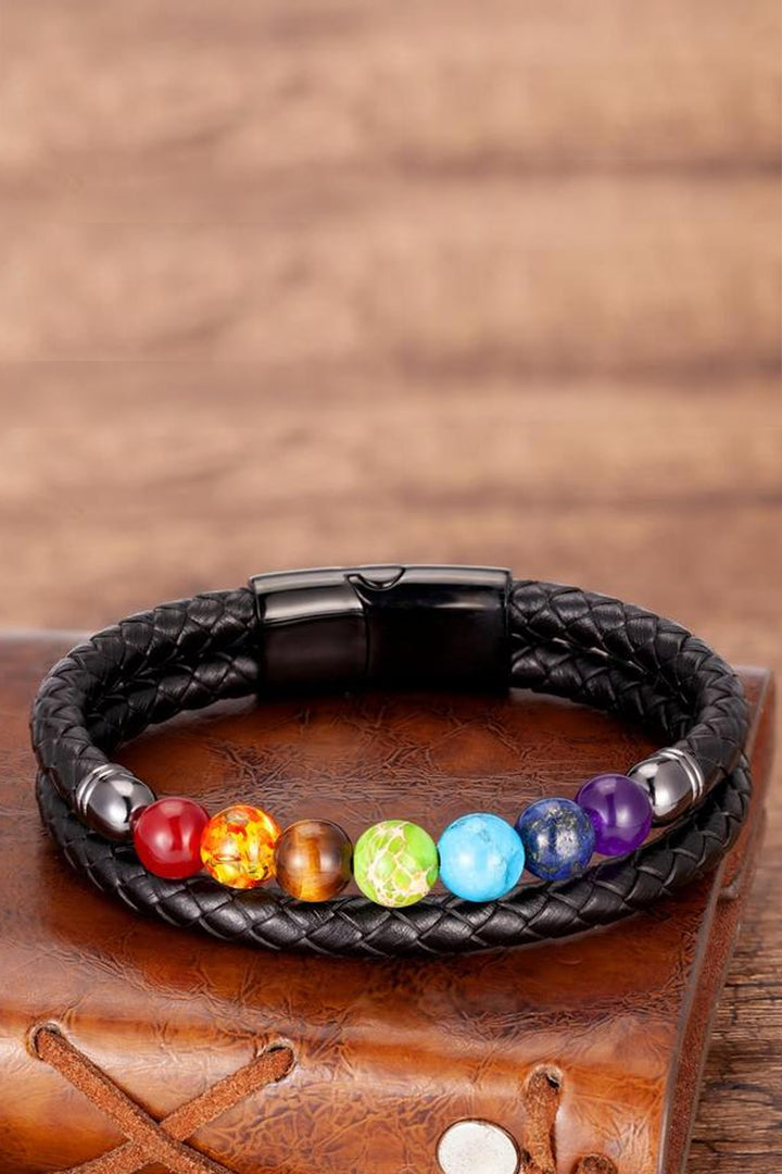 Chakra Stone Clasp Black Faux Leather Plaited Bracelet, Woven Faux Leather Men's Bracelet