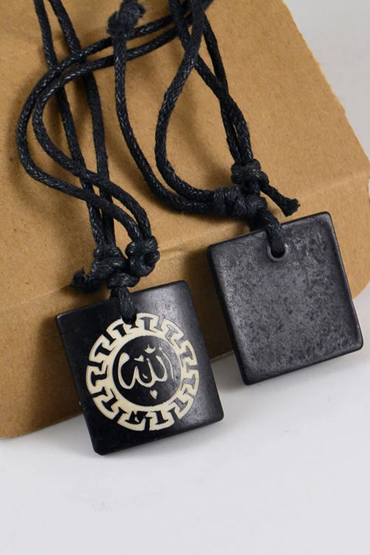 Islamic Carved Black Yak Bone Pendant Chain Necklace, Black Vegan Leather Braided Pendant Necklace