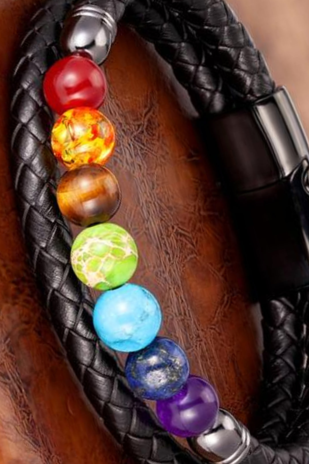 Chakra Stone Clasp Black Faux Leather Plaited Bracelet, Woven Faux Leather Men's Bracelet