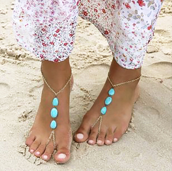 Three Natural Healing Turquoise Crystal Gemstones Anklet Set