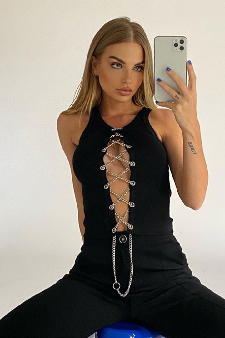 Black Chain Lace Up Sleeveless Crop Top, Ribbed Jersey Material Crop Top, Edgy Streetwear Y2K Top